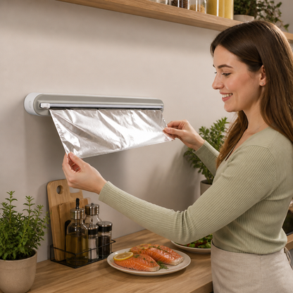 Magnetic Wall-Mounted Foil & Plastic Wrap Dispenser with Safety Cutter