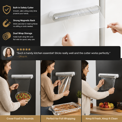 Magnetic Wall-Mounted Foil & Plastic Wrap Dispenser with Safety Cutter