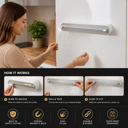 Magnetic Wall-Mounted Foil & Plastic Wrap Dispenser with Safety Cutter