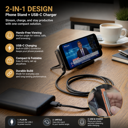 2-in-1 Durable & Foldable Phone Stand with Detachable USB-C Charging Cable