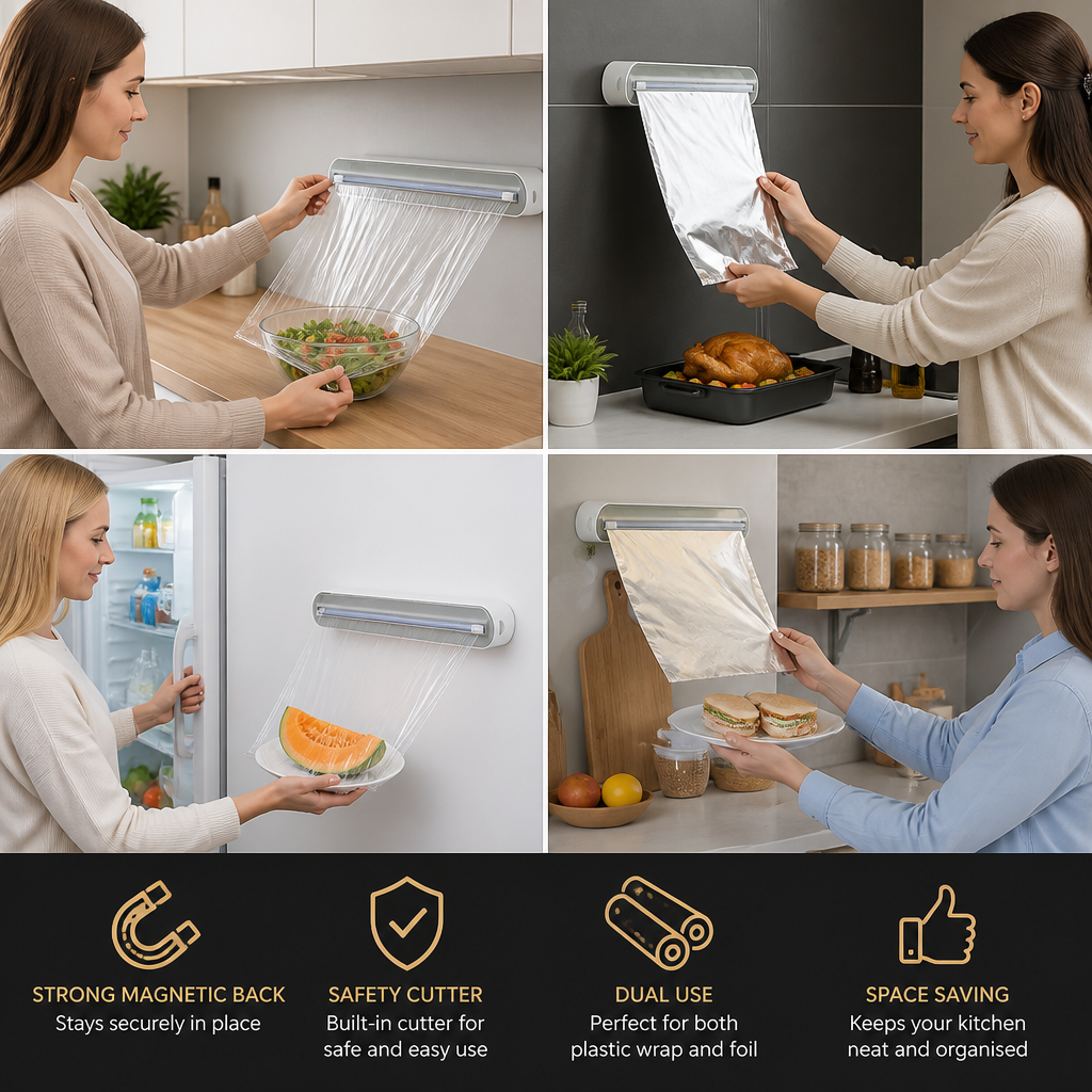 Magnetic Wall-Mounted Foil & Plastic Wrap Dispenser with Safety Cutter