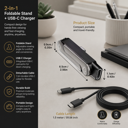 2-in-1 Durable & Foldable Phone Stand with Detachable USB-C Charging Cable