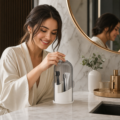 Rotating Toothbrush & Bathroom Essentials Organizer with Dustproof Clear Cover