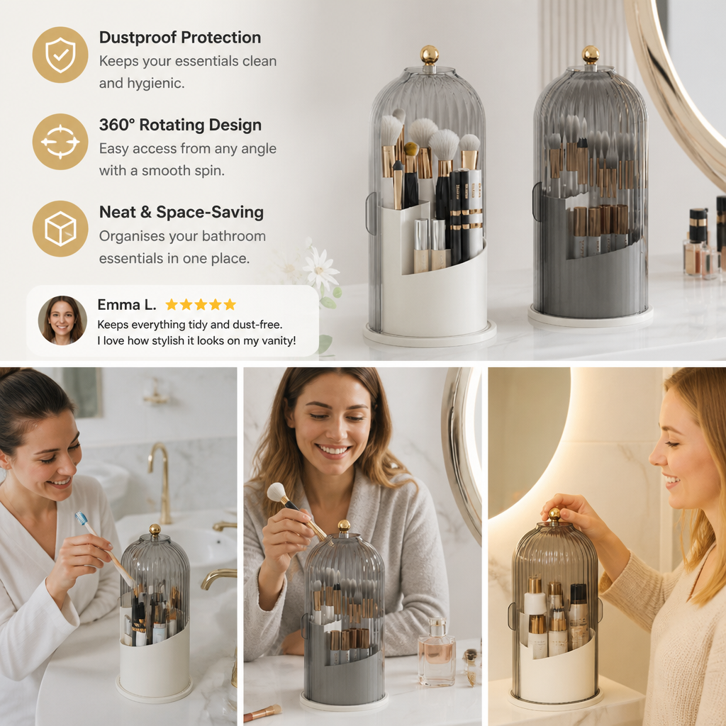Rotating Toothbrush & Bathroom Essentials Organizer with Dustproof Clear Cover