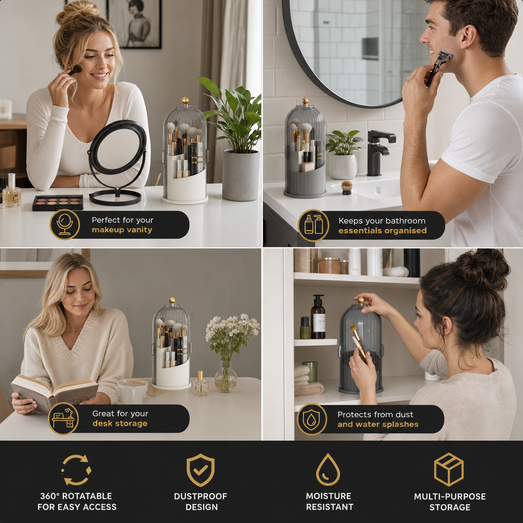 Rotating Toothbrush & Bathroom Essentials Organizer with Dustproof Clear Cover