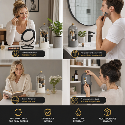 Rotating Toothbrush & Bathroom Essentials Organizer with Dustproof Clear Cover