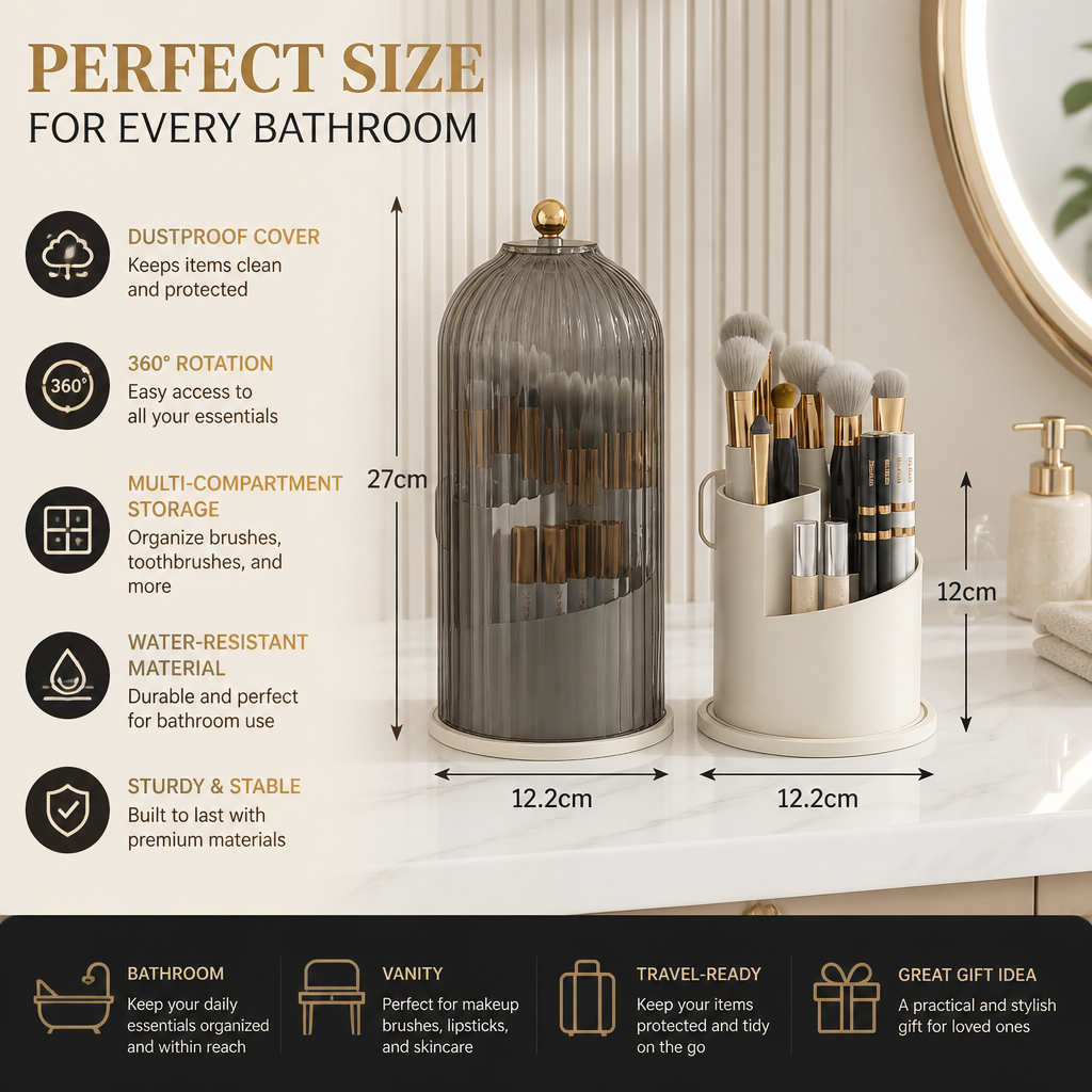 Rotating Toothbrush & Bathroom Essentials Organizer with Dustproof Clear Cover