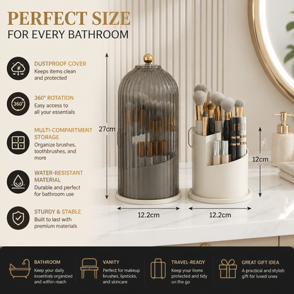 Rotating Toothbrush & Bathroom Essentials Organizer with Dustproof Clear Cover
