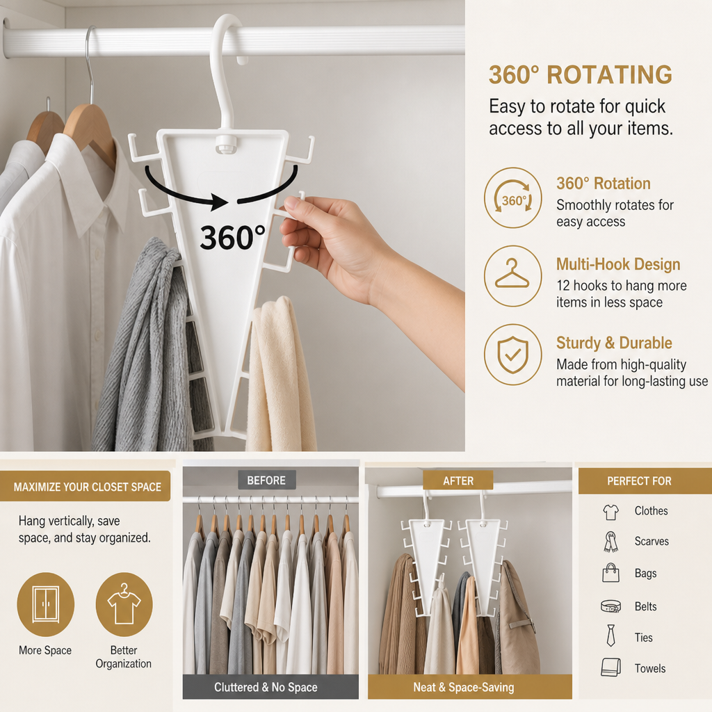 V-Shaped 12-Hook Space-Saving Closet Organizer with 360° Rotating Hanger