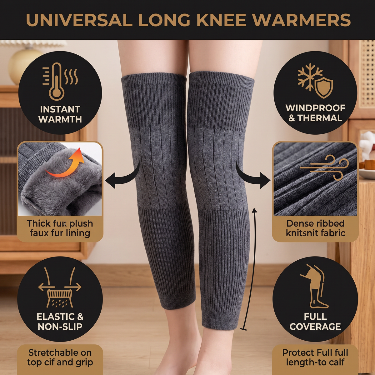 Universal Long Knee Warmers with Thick Faux Fur Lining for Winter