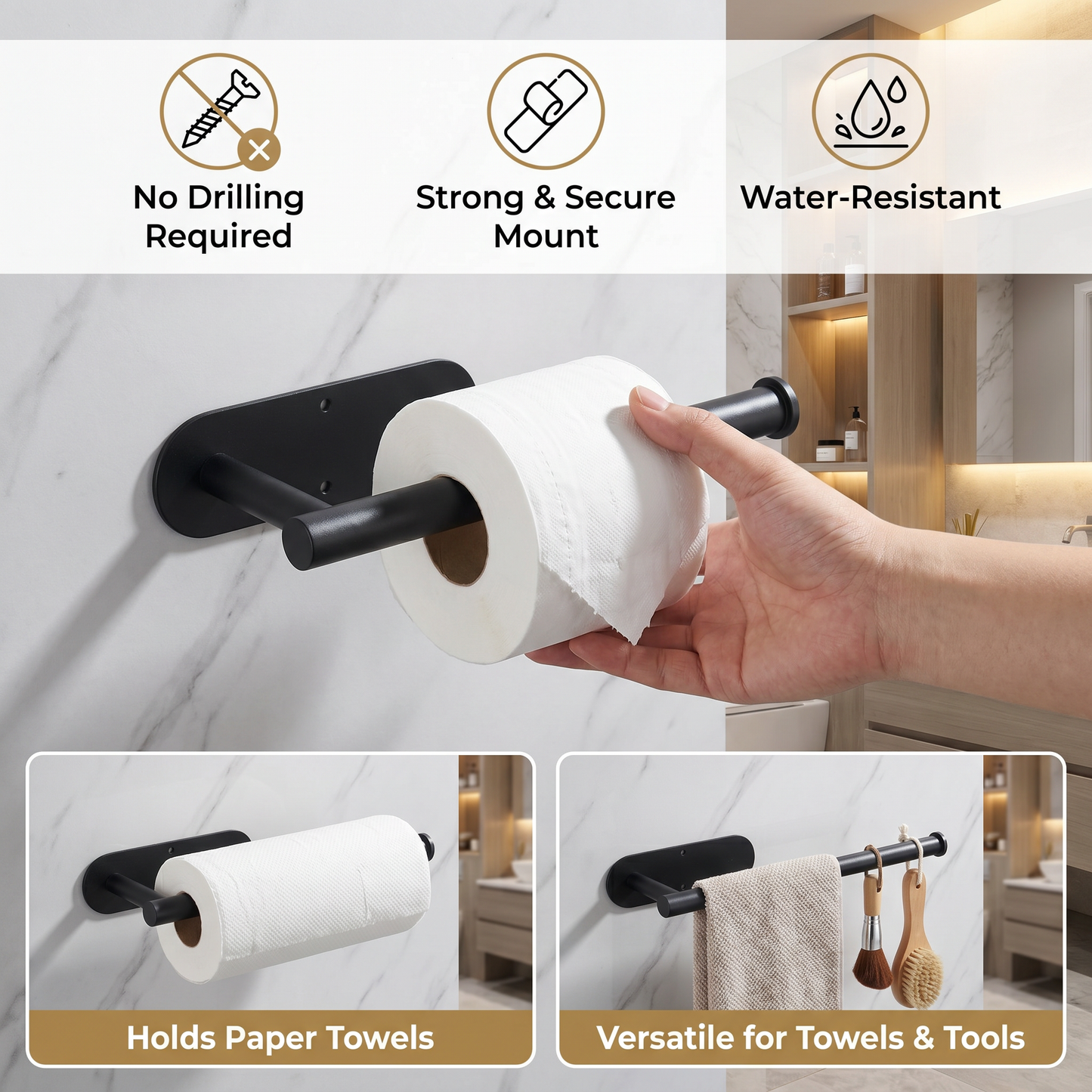 Modern Stainless Steel Roll Holder – Drill-Free Mount for Versatile Use