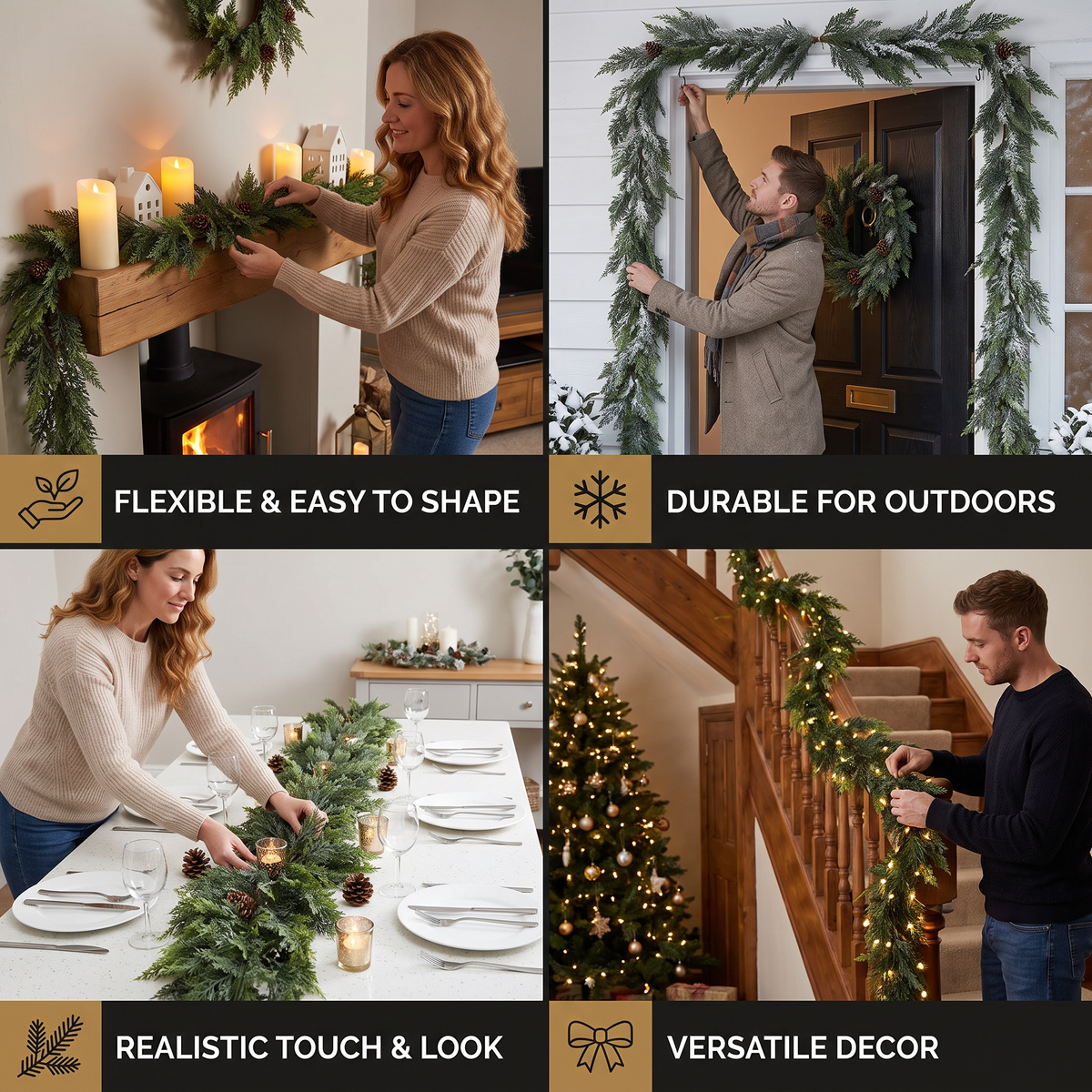 Real-Touch Artificial Cedar & Pine Garland with Pine Cones – Christmas Greenery Décor