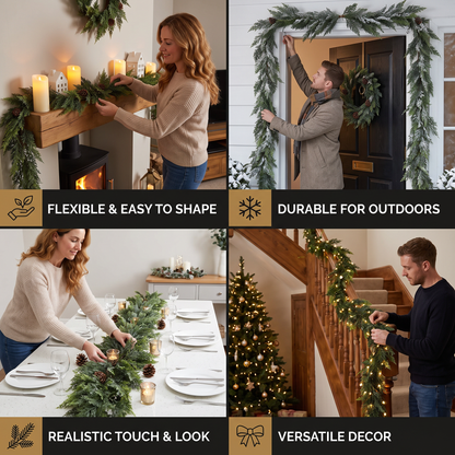 Real-Touch Artificial Cedar & Pine Garland with Pine Cones – Christmas Greenery Décor