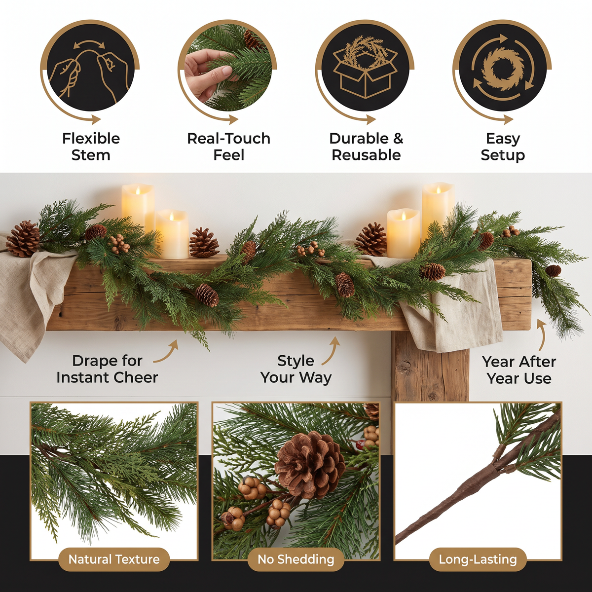 Real-Touch Artificial Cedar & Pine Garland with Pine Cones – Christmas Greenery Décor