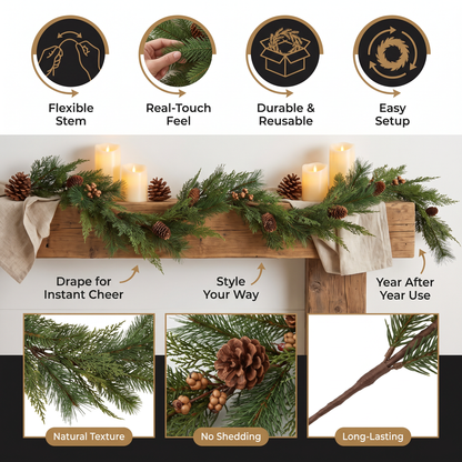Real-Touch Artificial Cedar & Pine Garland with Pine Cones – Christmas Greenery Décor