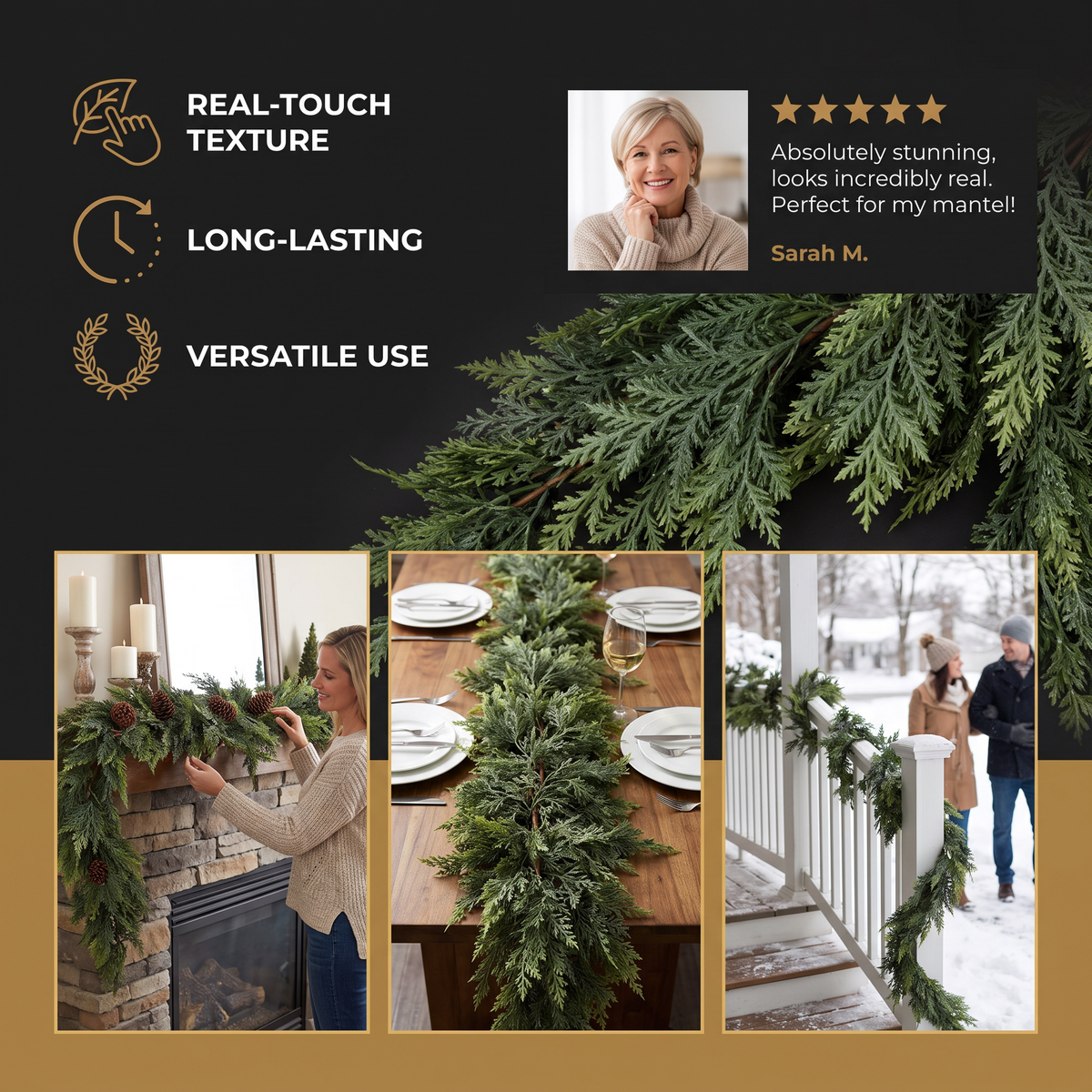 Real-Touch Artificial Cedar & Pine Garland with Pine Cones – Christmas Greenery Décor