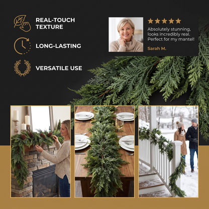 Real-Touch Artificial Cedar & Pine Garland with Pine Cones – Christmas Greenery Décor