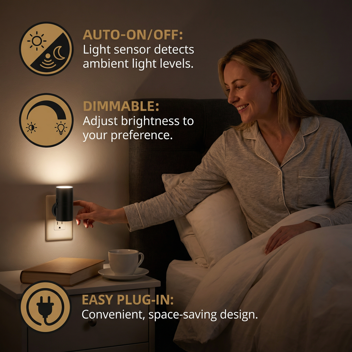 LED Plug-in Night Light – Dimmable with Light Sensor for a Cozy Home