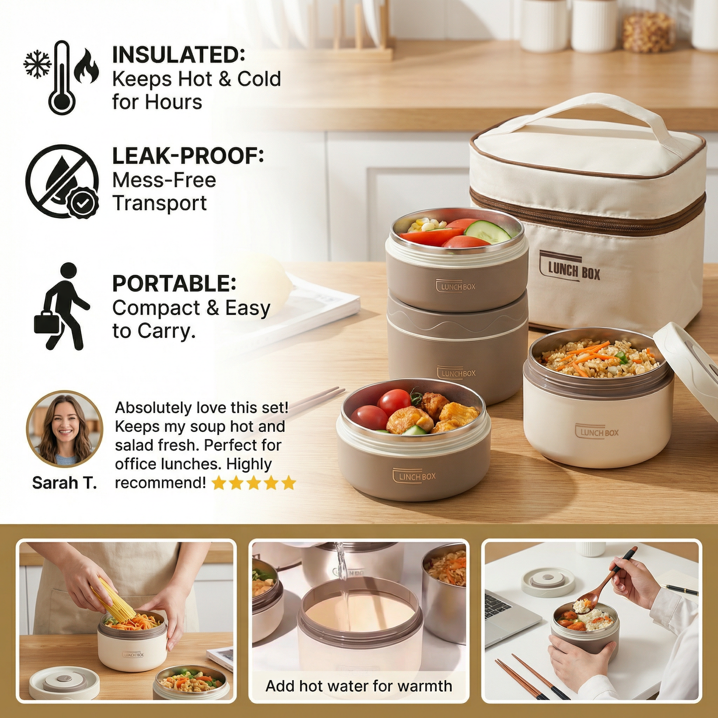 3-Piece Lunch Box Set – Insulated, Leak-Proof & Practical for On-the-Go