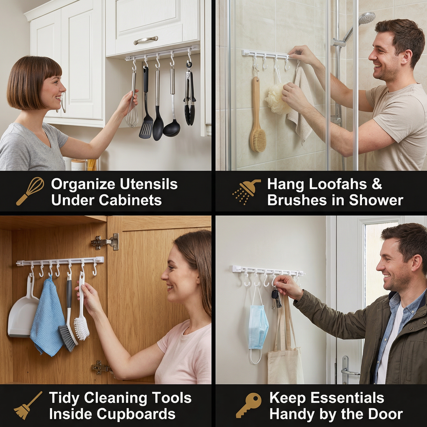 Self-Adhesive Hook Rail for Kitchen and Bathroom – Strong hold and no drilling required (2 pieces)