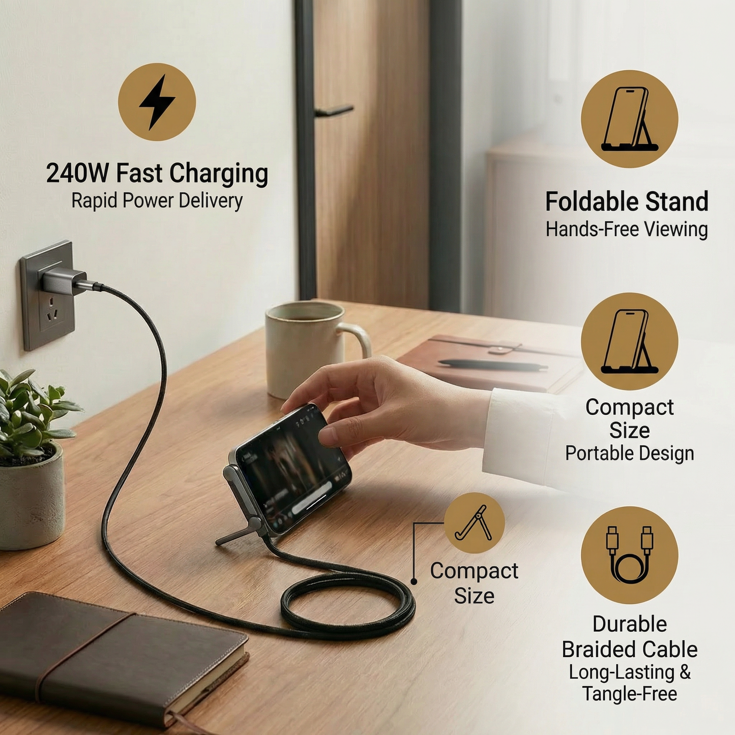 2-in-1 Foldable Fast Charging Cable & Phone Stand
