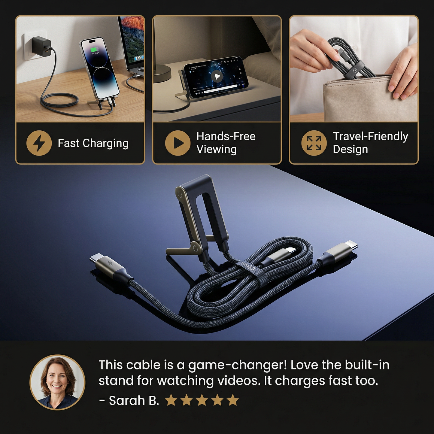 2-in-1 Foldable Fast Charging Cable & Phone Stand