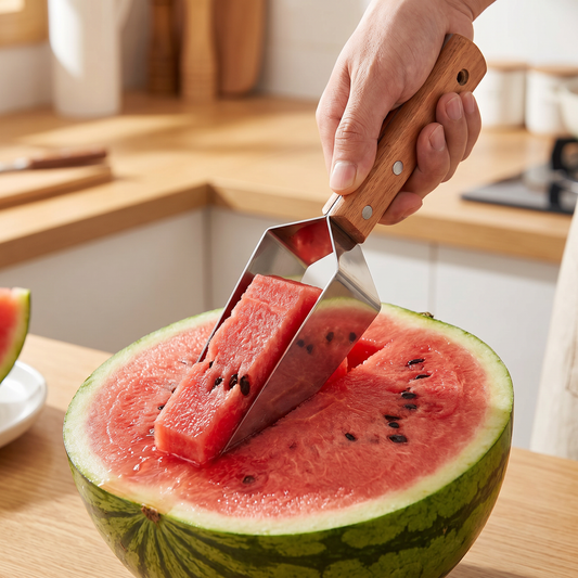 Stainless Steel Watermelon Slicer with Wooden Handle – Clean & Quick Portioning