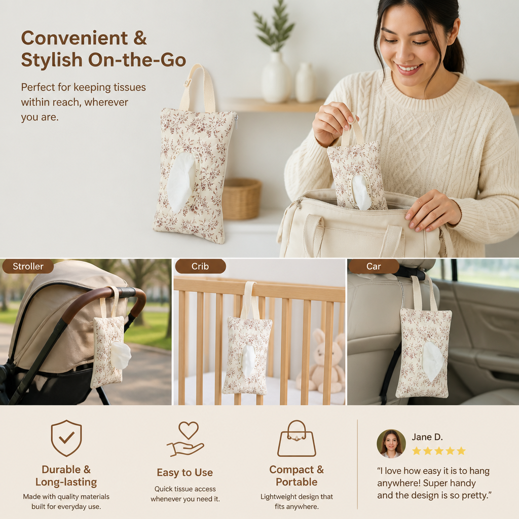 Hanging Tissue Holder for Strollers, Cribs & Cars