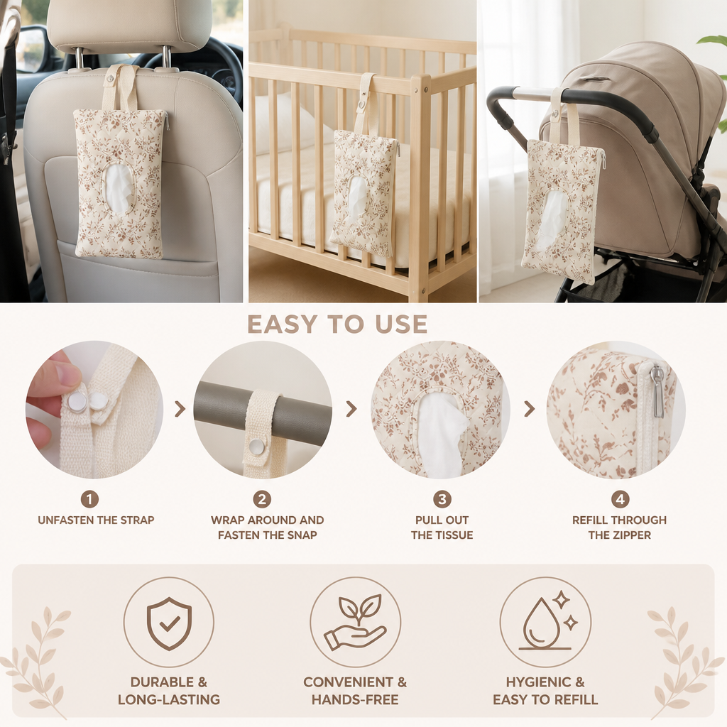 Hanging Tissue Holder for Strollers, Cribs & Cars