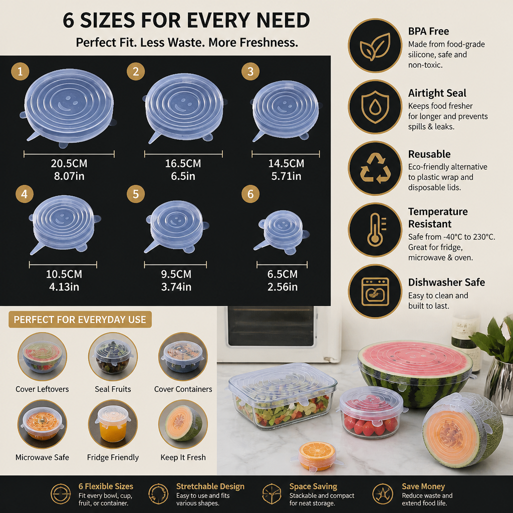 6-Piece Silicone Stretch Lid Set – Reusable BPA-Free Food Covers