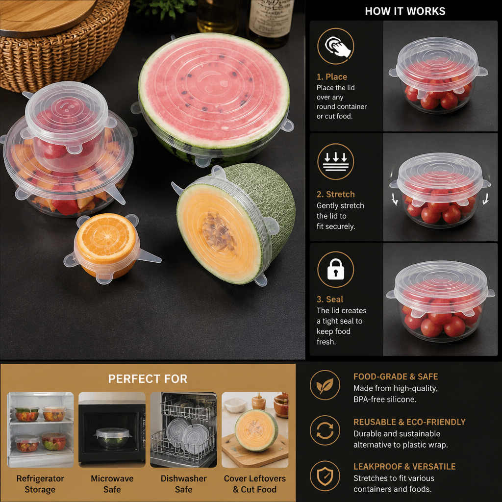 6-Piece Silicone Stretch Lid Set – Reusable BPA-Free Food Covers