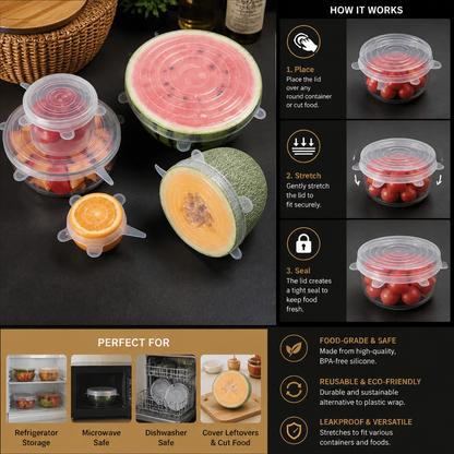 6-Piece Silicone Stretch Lid Set – Reusable BPA-Free Food Covers