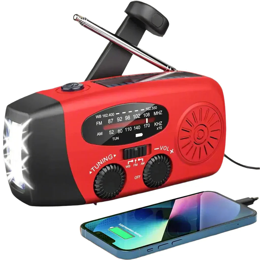 Solar-Powered Emergency Radio with Hand Crank - Portable Dynamo Radio with Power Bank and LED Flashlight