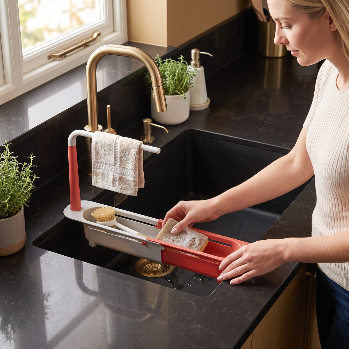 Adjustable Telescopic Sink Organizer with Drainage Basket & Towel Bar