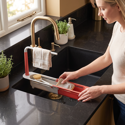 Adjustable Telescopic Sink Organizer with Drainage Basket & Towel Bar