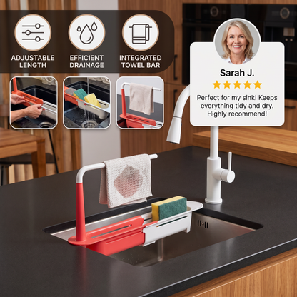 Adjustable Telescopic Sink Organizer with Drainage Basket & Towel Bar