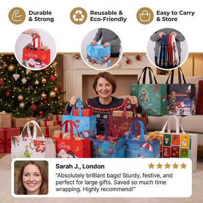 Reusable Christmas Gift Bags with Handles – Assorted Holiday Designs
