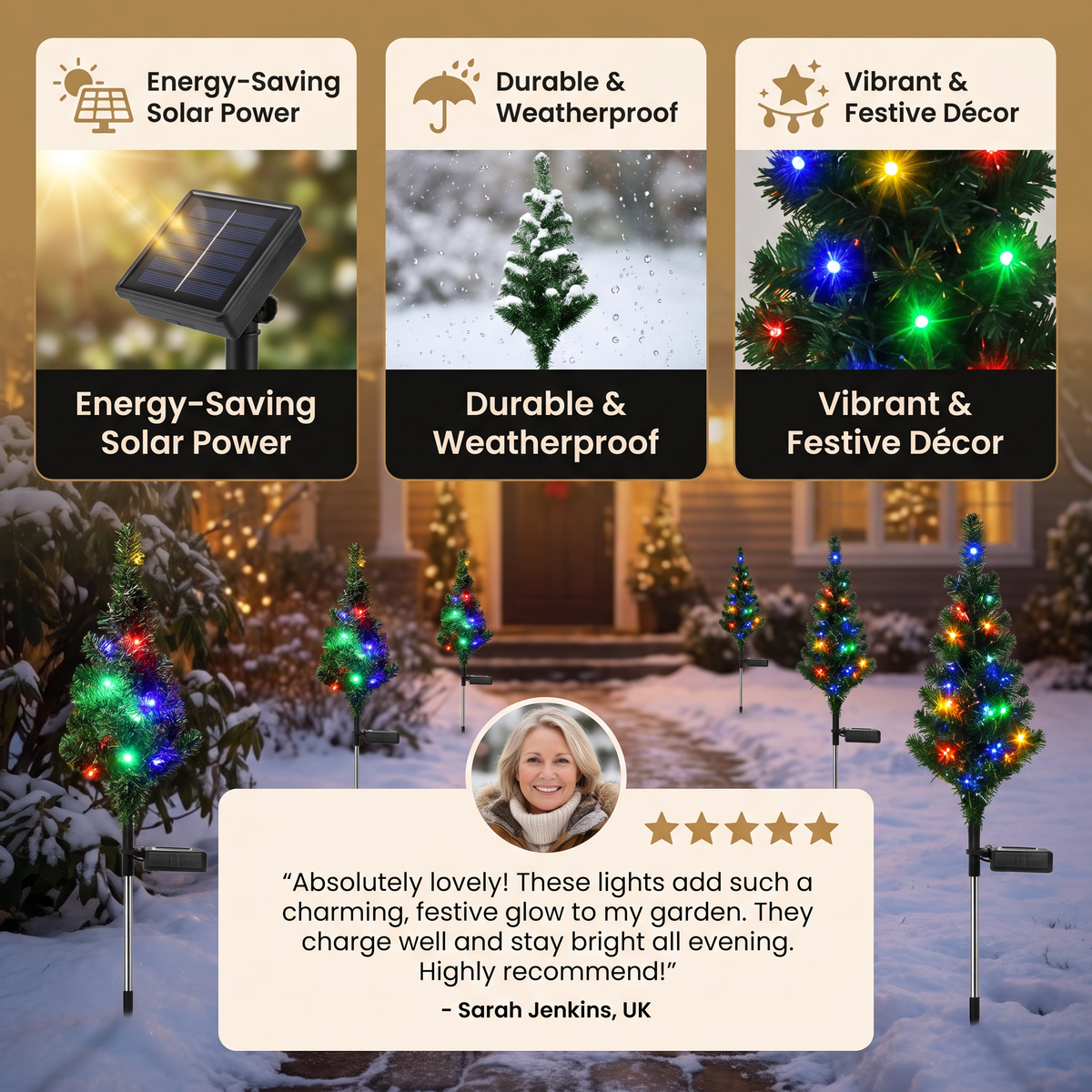 Solar Christmas Tree Stake Lights with Multicolor LEDs