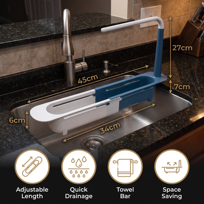 Adjustable Telescopic Sink Organizer with Drainage Basket & Towel Bar