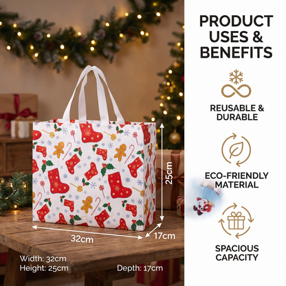 Reusable Christmas Gift Bags with Handles – Assorted Holiday Designs
