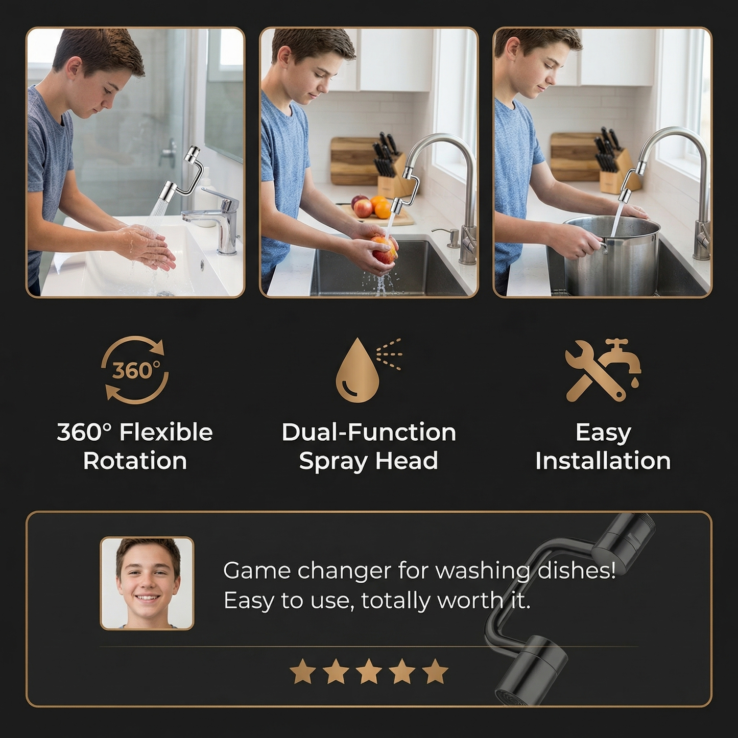 360° swivel tap extender with spray head – kitchen & bathroom use