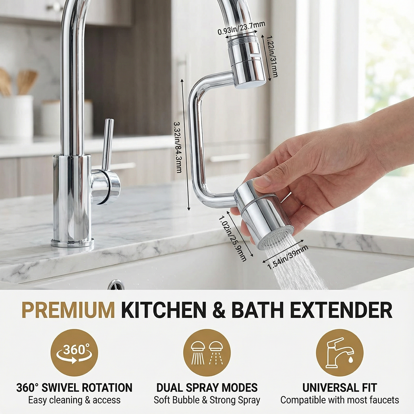 360° swivel tap extender with spray head – kitchen & bathroom use