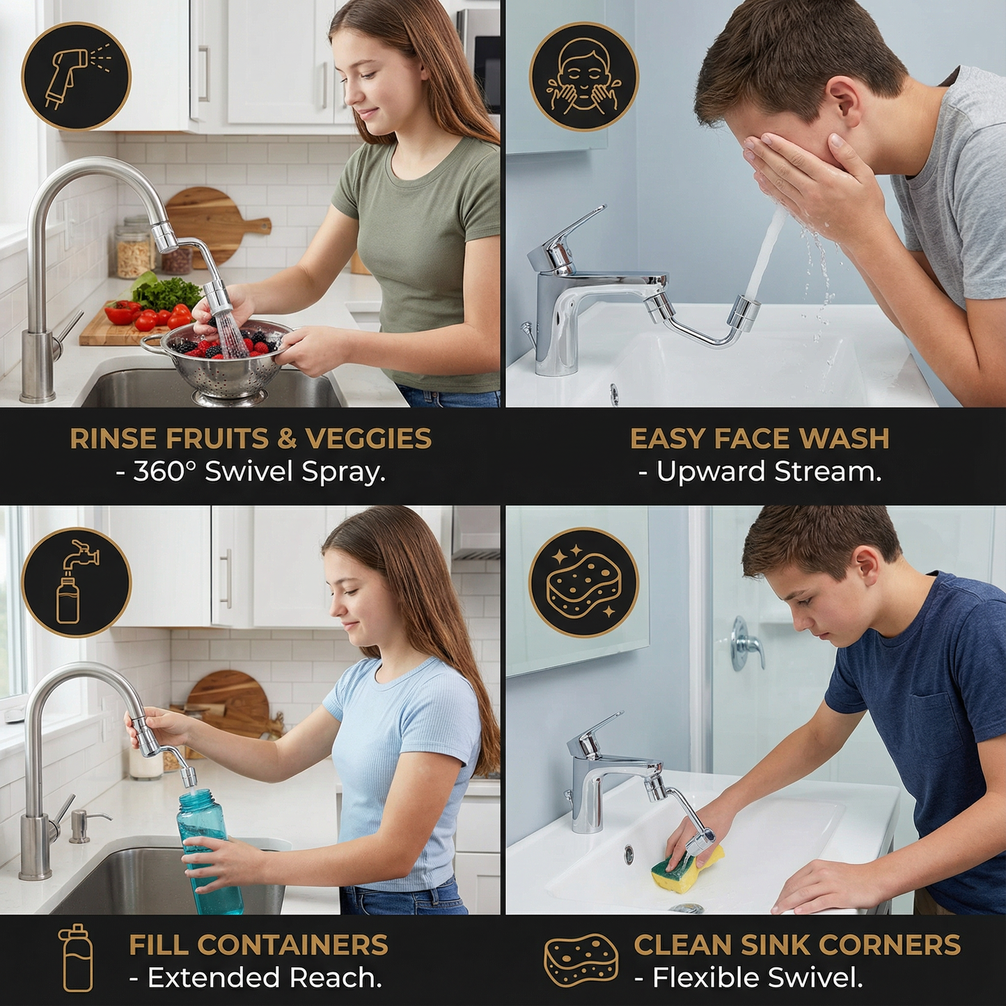 360° swivel tap extender with spray head – kitchen & bathroom use