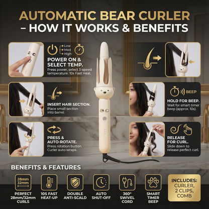 Automatic Bear-Design Curling Iron 32 mm – Electric Rotating Curling Styler