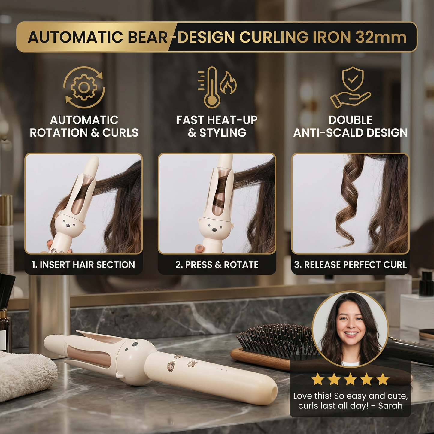 Automatic Bear-Design Curling Iron 32 mm – Electric Rotating Curling Styler
