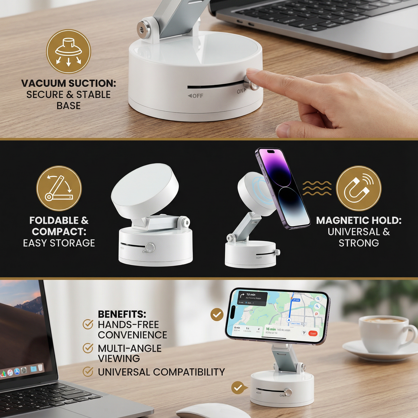 Magnetic Phone Holder with Vacuum Suction Cup – Foldable & Double-Sided, Universal for All Smartphones
