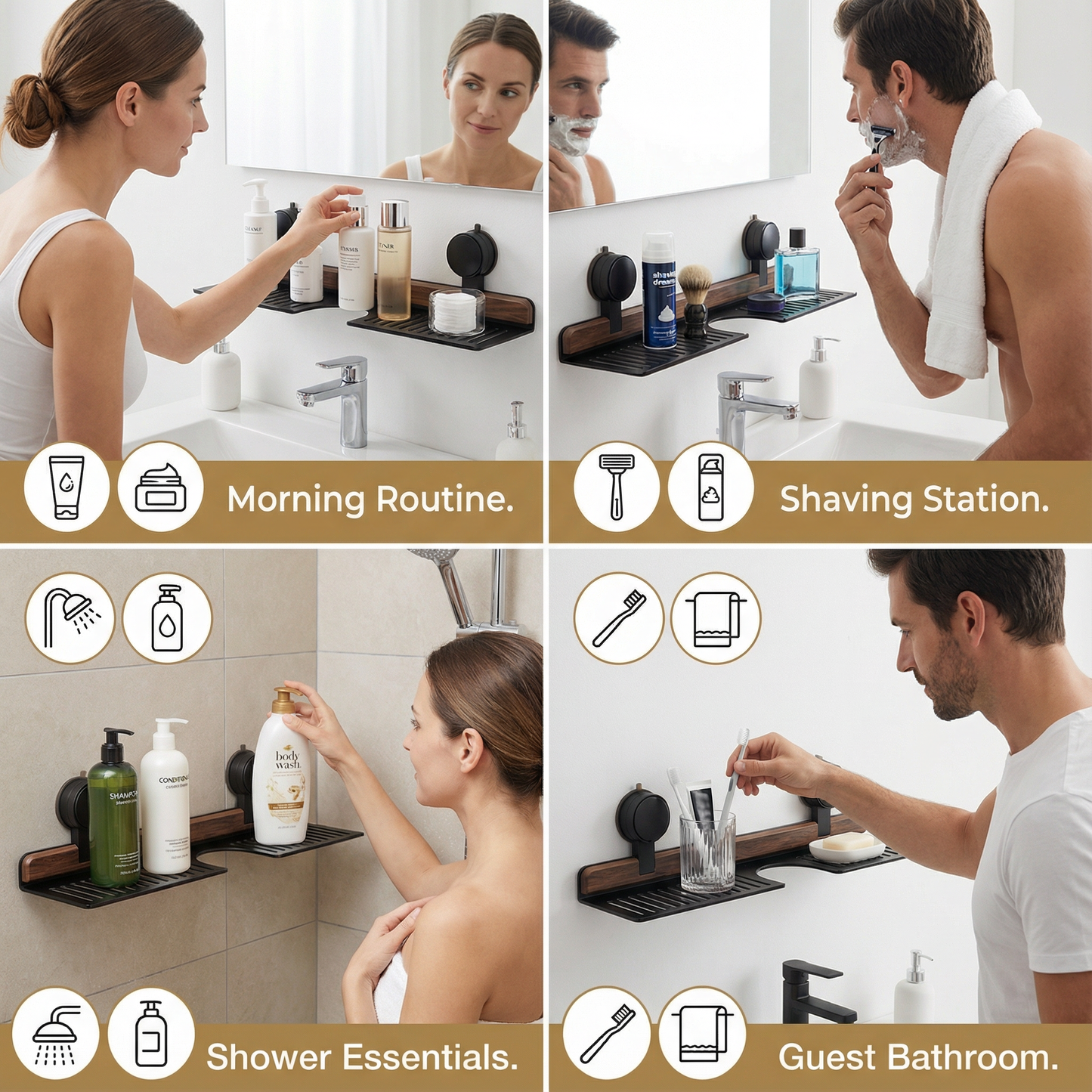 Bathroom Suction Cup Sink Shelf in Walnut Design