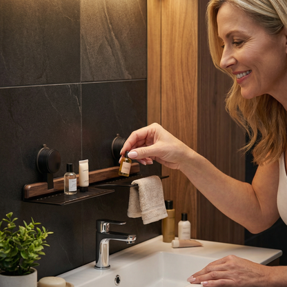 Bathroom Suction Cup Sink Shelf in Walnut Design