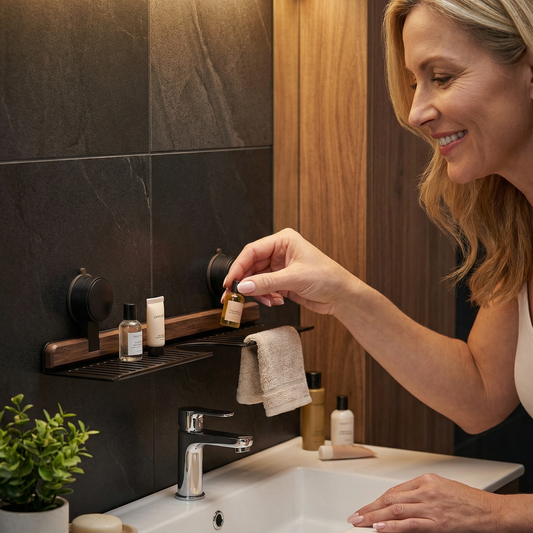 Bathroom Suction Cup Sink Shelf in Walnut Design