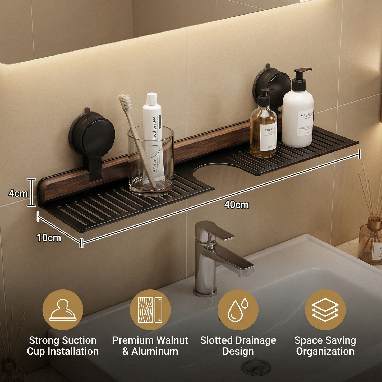 Bathroom Suction Cup Sink Shelf in Walnut Design